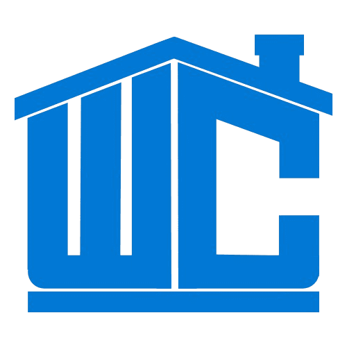 Blue house-shaped WC logo on black background.